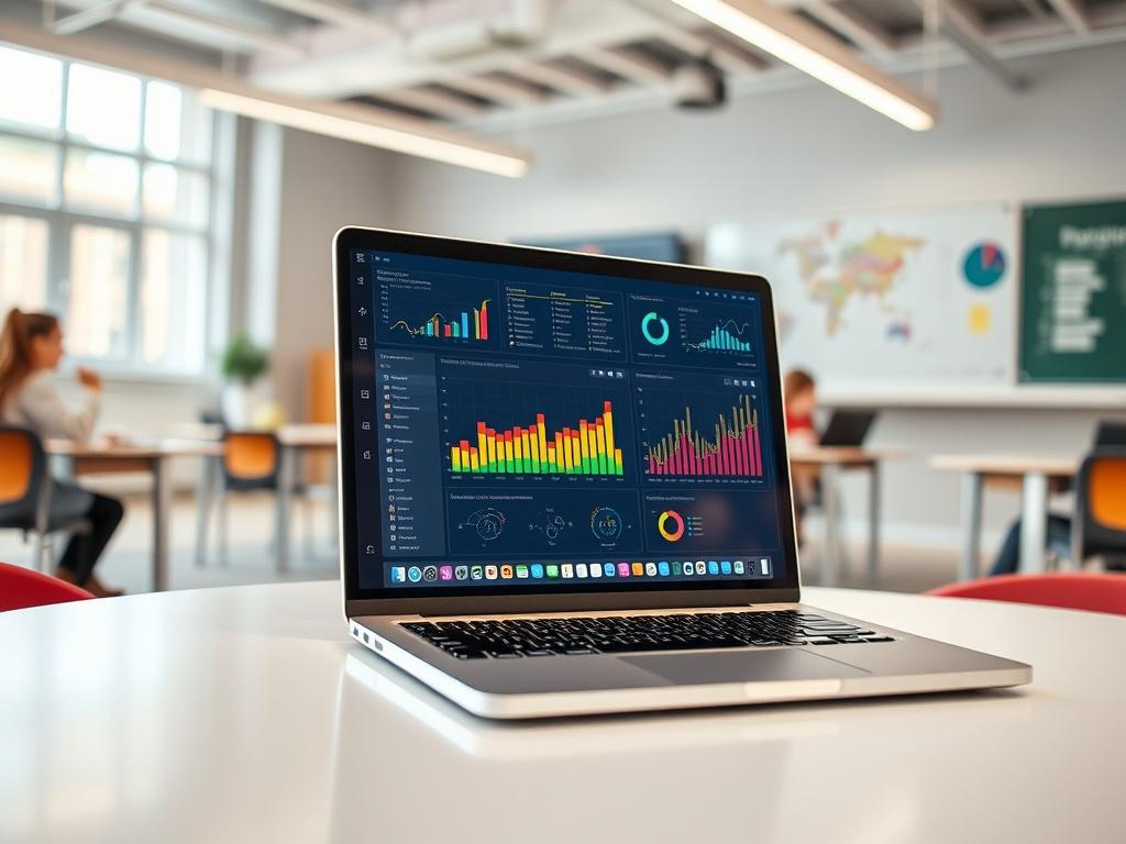 Create a hyper-realistic image of a laptop displaying an AI-Powered Learning Platform interface, with colorful graphs and interactive educational content on the screen. The background should be a bright, modern classroom setting, emphasizing a tech-savvy learning environment.