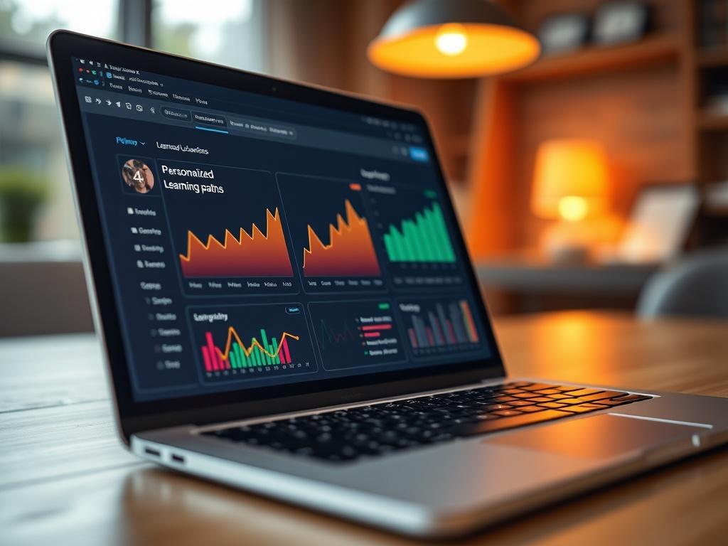 A realistic high-resolution close-up of a laptop screen displaying an AI-Powered Learning Platform interface, featuring vibrant graphs and personalized learning paths. The background should be softly blurred to emphasize the laptop, with warm lighting creating an inviting atmosphere.