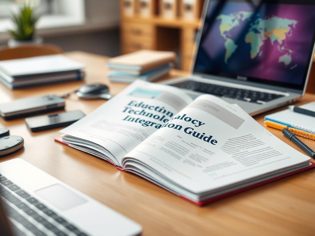A realistic high-resolution close-up of an open Educational Technology Integration Guide on a school desk, surrounded by a laptop, notepad, and educational tech devices. The background should be softly blurred, creating a focused and academic atmosphere.