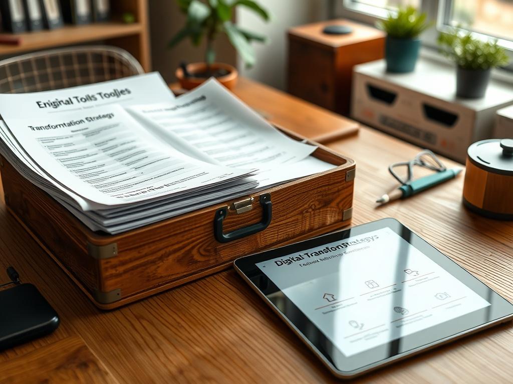 A realistic high-resolution close-up of an open digital toolkit on a wooden desk, featuring printed guides, checklists, and a tablet displaying digital transformation strategies. The background should be softly blurred, with natural light illuminating the scene.