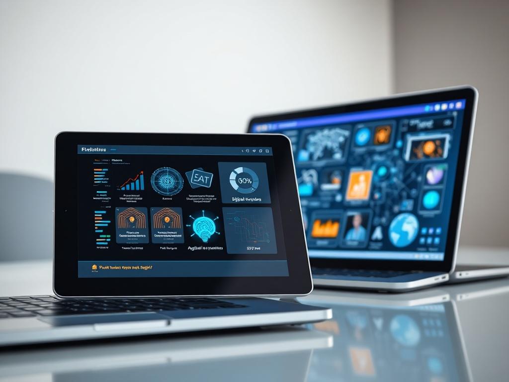 A high-resolution close-up shot of a modern digital device displaying various educational technology interfaces, including a sleek tablet and a laptop. The screen should showcase engaging graphics related to digital transformation and artificial intelligence, set against a simple, blurred background that emphasizes the device. The lighting should be bright and inviting, highlighting the details of the device and the vibrant colors on the screen. The image should evoke a sense of innovation and connectivity.
