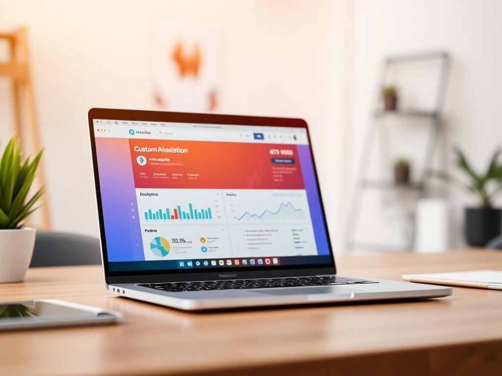 Create a realistic high-resolution photo of a modern workspace featuring a laptop displaying a vibrant AI-driven website interface. The screen should show embedded chat assistance, custom analytics dashboard, and user-specific recommendations. The background should be soft-focused, with a clean, minimalistic aesthetic, emphasizing the innovative nature of AI technology in web development. The lighting should be bright and inviting, capturing the essence of digital transformation.