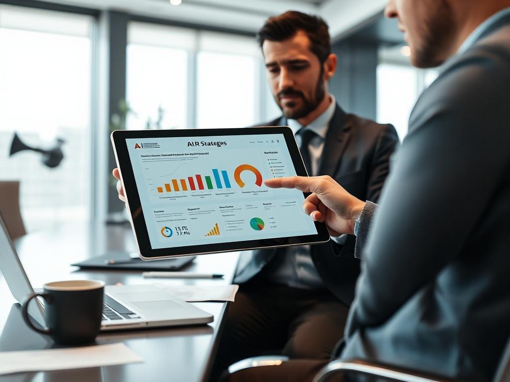 A close-up shot of a business consultant discussing AI strategies with a client in a modern office setting. The consultant is pointing at a digital tablet displaying a roadmap and metrics. The background features a sleek office desk with a laptop, papers, and a coffee cup. The lighting is bright and professional, focusing on the interaction between the consultant and client, showcasing an engaging and productive meeting atmosphere.
