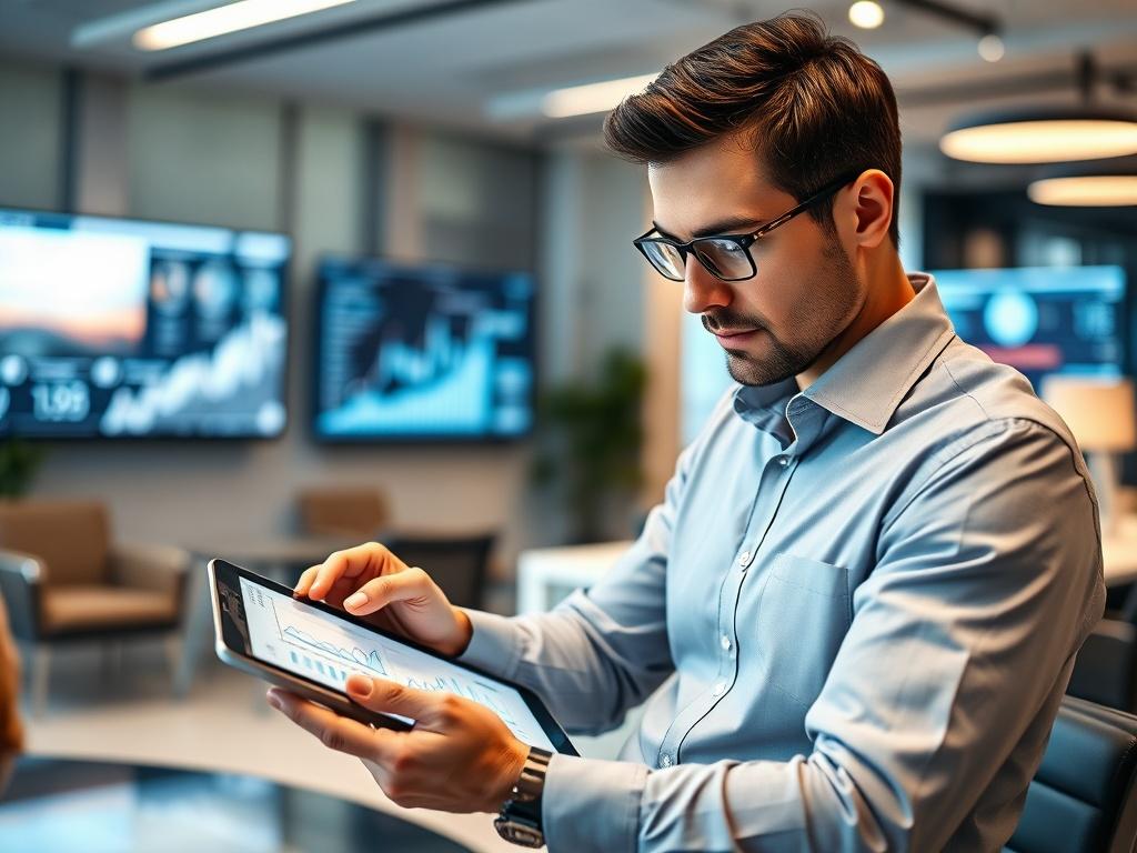 A professional consultant analyzing data on a digital tablet with graphs and charts displayed. The background features a modern office with sleek furniture and digital screens. The focus is on the consultant, showcasing a confident and knowledgeable demeanor. Shot with a 45mm f/1.2 lens, emphasizing clarity and detail.