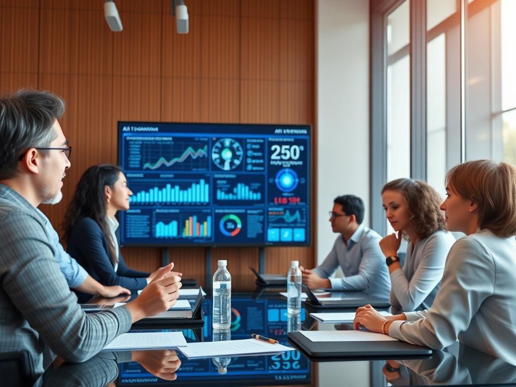 A business meeting where professionals discuss AI technology implementation. A large screen displays AI-driven analytics and data insights. The atmosphere is collaborative, with diverse team members engaged in brainstorming. Shot with a 45mm f/1.2 lens, capturing the dynamic interaction and focus on the screen.