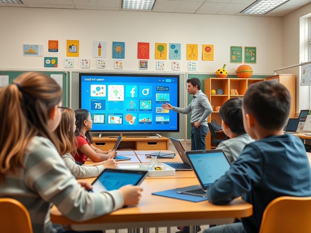 An engaging classroom scene with a teacher demonstrating interactive learning software on a large screen. Students actively participate, using tablets and laptops. The classroom is bright and inviting, filled with educational posters and technology. Shot with a 45mm f/1.2 lens, highlighting the interaction between the teacher and students.