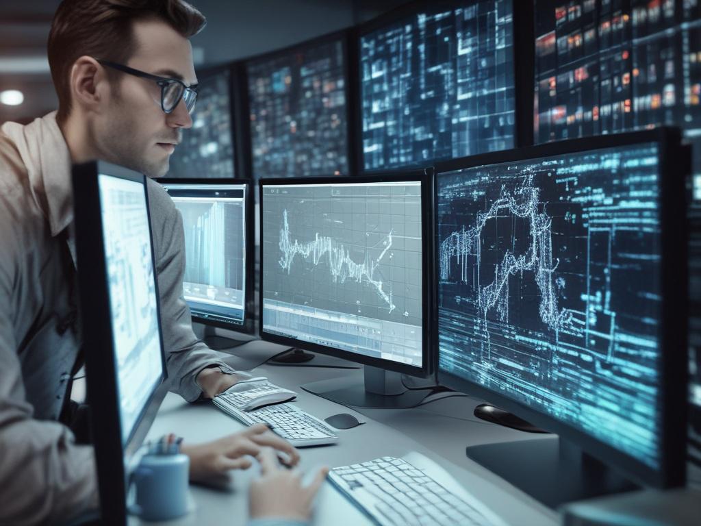 A detailed close-up of a data scientist analyzing AI algorithms on multiple monitors in a high-tech workspace. The image highlights concentration and precision in AI consulting, rendered in hyper-realistic style with a 45mm f/1.2 lens effect. The background incorporates subtle tech elements with a color theme compatible with rgb(4, 104, 120).