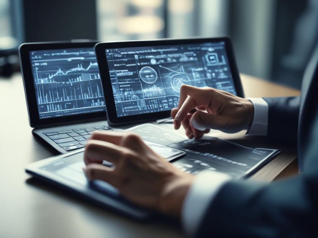 A close-up shot of a focused business professional working on a digital tablet, displaying futuristic data analytics on screen. The image captures the intensity and precision of digital strategy planning. The background is a modern office environment with subtle hints of technology, rendered in hyper-realistic style with a 45mm f/1.2 lens effect, featuring a color palette compatible with rgb(4, 104, 120).
