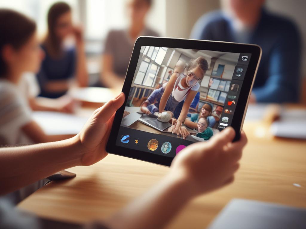 A close-up image of a teacher using a tablet to interact with students in a modern classroom. The focus is on the teacher's hands and the device screen showing educational content, with students attentively participating. The scene is captured in hyper-realistic detail, using a 45mm f/1.2 lens style, with a background color scheme matching rgb(4, 104, 120).