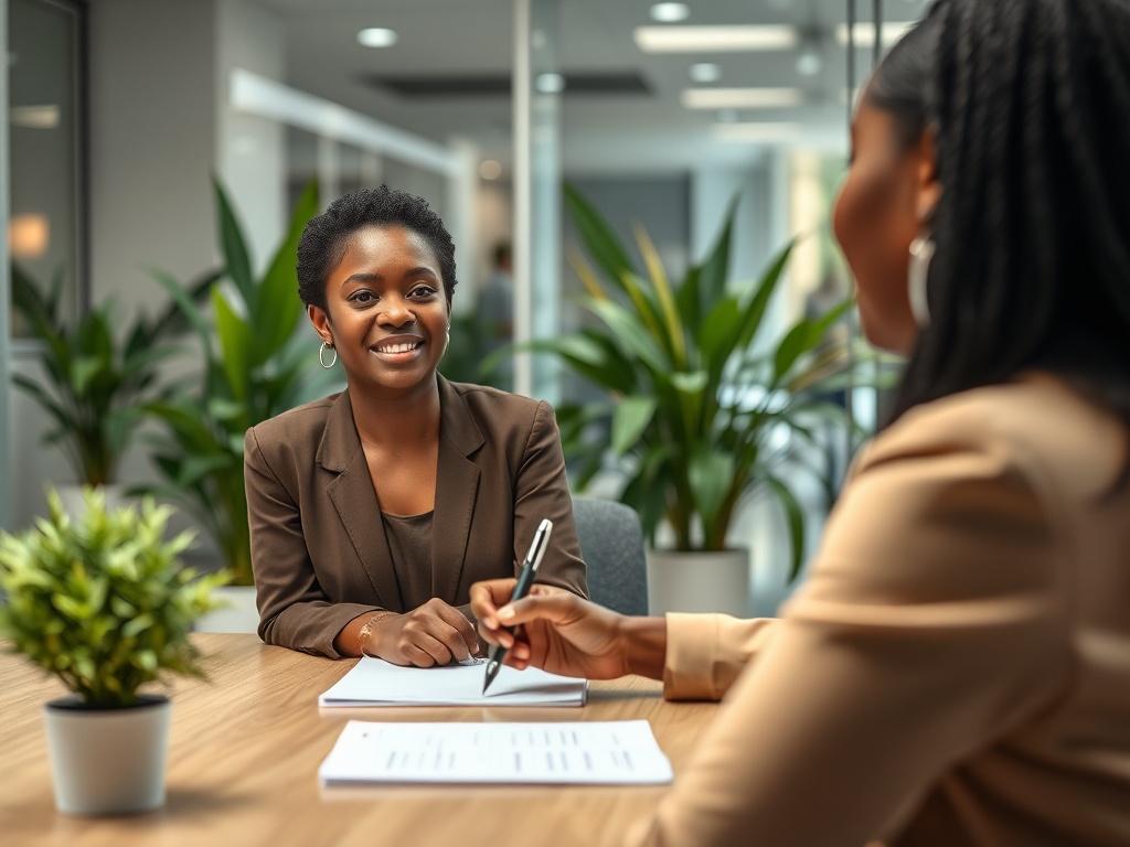 A realistic high-resolution photo of a Black woman in a professional setting, being interviewed. She is seated at a modern conference table with a notepad and pen in hand, appearing engaged and confident. The background features a bright, airy office space with plants and contemporary decor. The composition is simple and clear, focusing on her expression and demeanor during the interview.