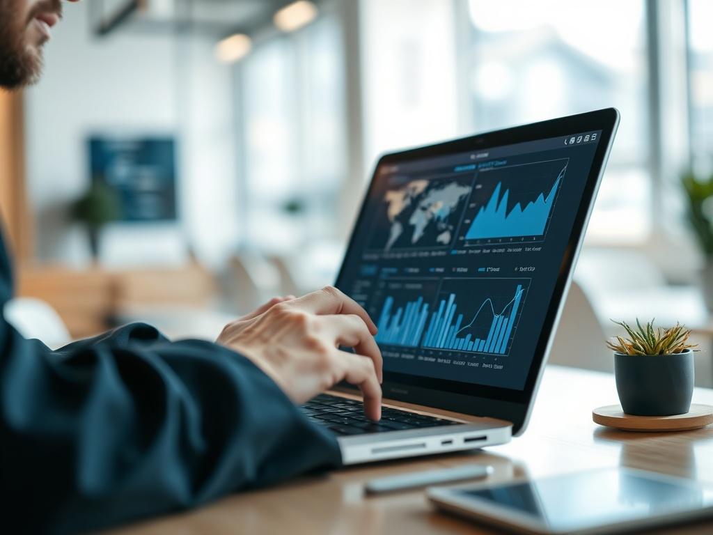A close-up, hyper-realistic image of a data analyst working on a laptop, surrounded by data visualizations on the screen. The background is softly blurred, showcasing a modern office environment with light colors. The subject is focused on the screen, with graphs and charts displayed prominently, symbolizing data readiness. The lighting is bright and inviting, emphasizing a professional atmosphere.