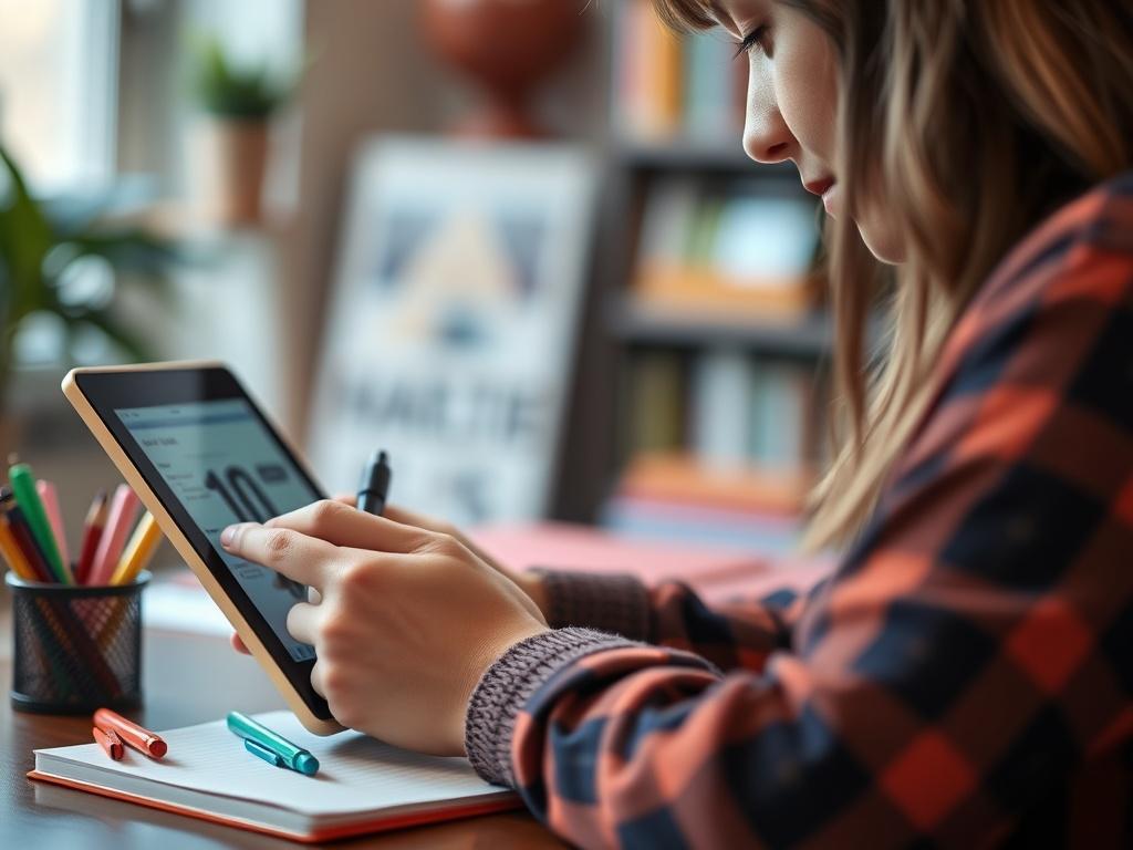 A close-up shot of a focused student using a tablet or laptop in a cozy study environment, displaying a digital writing tool on the screen. The student appears engaged and empowered, with a notebook and colorful pens beside them. The background is softly blurred to emphasize the student, while the primary color rgb(4, 104, 120) subtly accents the environment, creating a warm and inviting atmosphere.