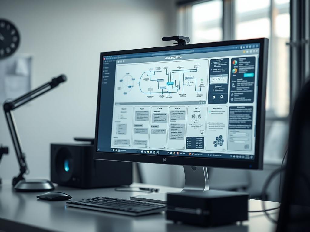 A realistic high-resolution close-up shot of a modern workspace featuring a computer screen displaying a sophisticated automation workflow diagram. The background should be minimalistic, with a sleek desk and subtle tech gadgets. The lighting should be bright and focused on the screen's content, creating an engaging and professional atmosphere. The image should emphasize clarity and the innovative aspect of automation design, showcasing the complexity and efficiency of automated processes.