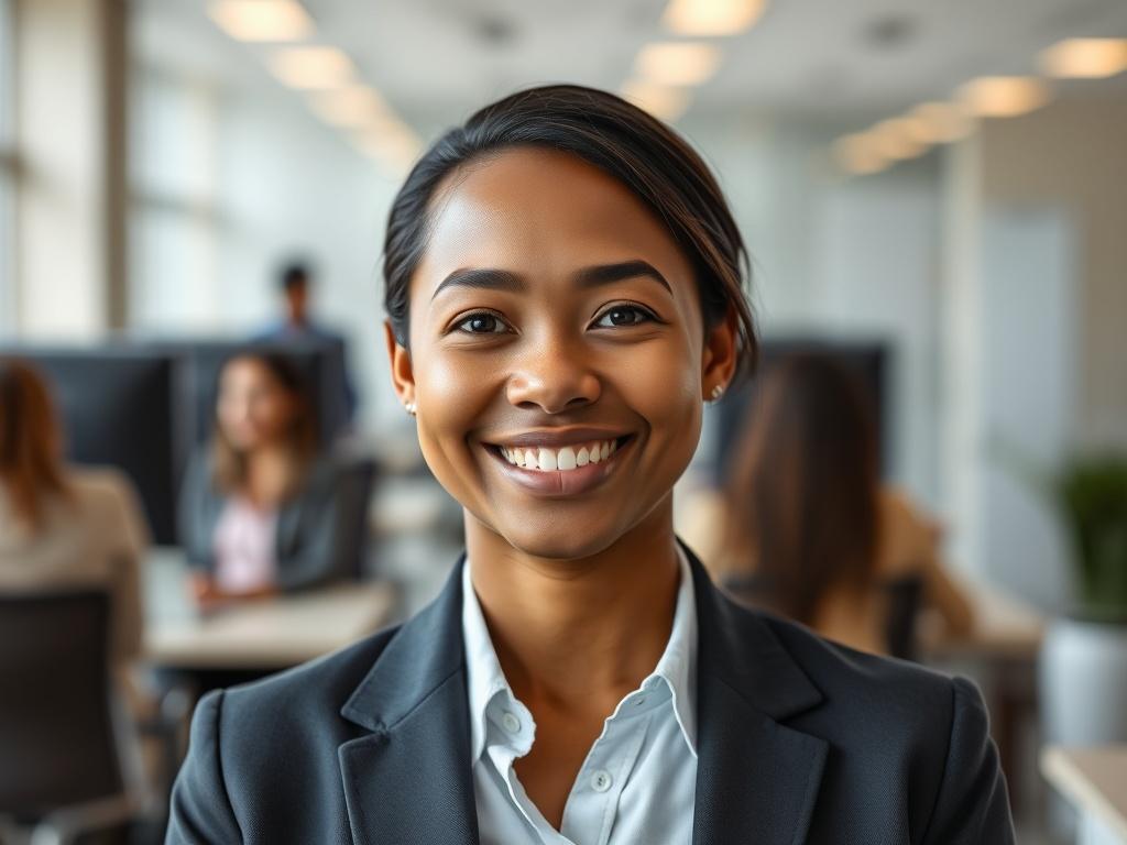 A highly detailed close-up shot of a professional individual smiling confidently, with a blurred office environment in the background. The subject is wearing business casual attire, representing a diverse workplace. The composition is simple and clear, focusing on the individual to convey a sense of opportunity and positivity in a work environment.