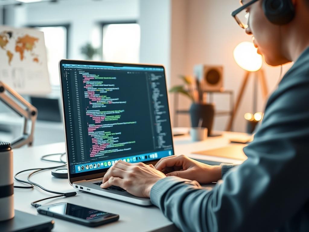 A hyper-realistic close-up shot of a developer working on a laptop, focusing on a screen displaying code and application designs. The developer is surrounded by modern tech tools and gadgets, with a clean, minimalist workspace in the background. The lighting is bright and inviting, highlighting the creativity and innovation of the development process. The primary color theme is compatible with rgb(4, 104, 120).