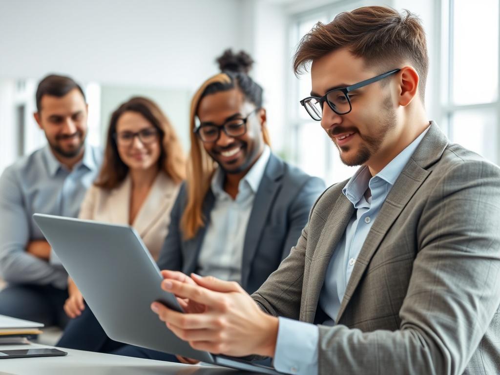 A close-up shot of a consultant working with a diverse group of professionals in a modern office setting. The consultant is using a laptop to display educational technology solutions. The background shows a clean, minimalist workspace with bright, natural lighting, and a focus on collaboration. The atmosphere is professional and innovative, emphasizing teamwork and technology integration.