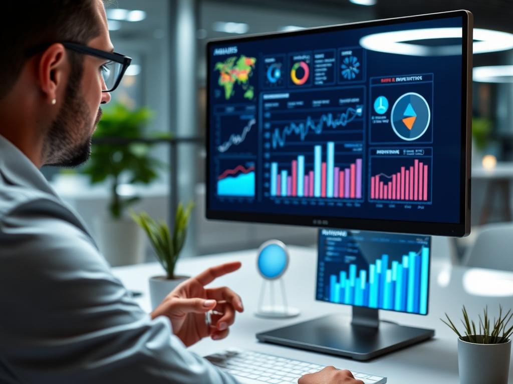 A close-up shot of a business analyst reviewing data analytics on a computer screen, with AI-generated graphs and insights displayed. The setting is a sleek office environment, emphasizing professionalism and advanced technology.
