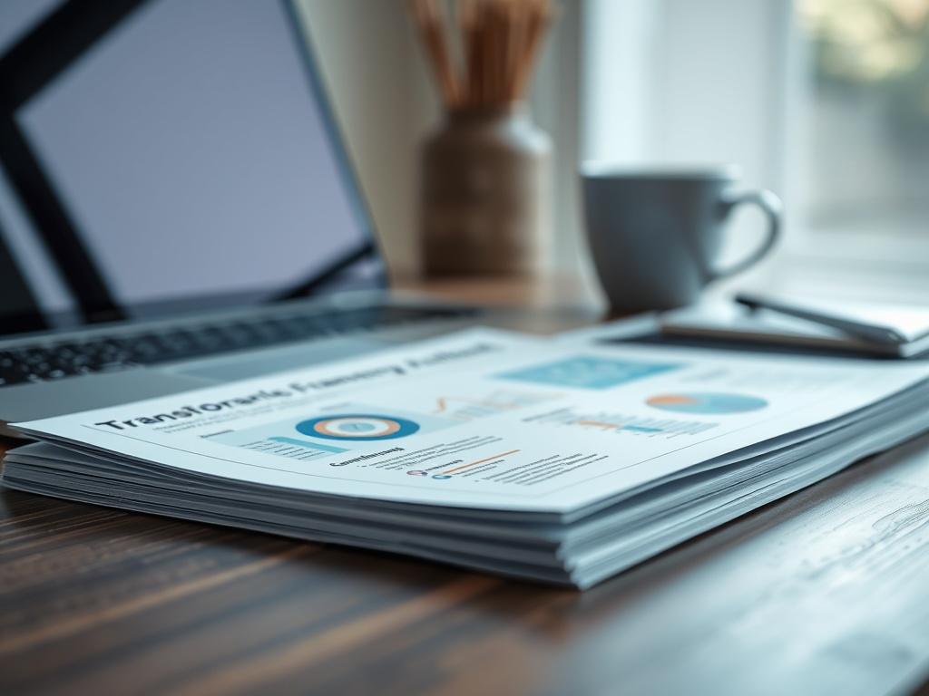 A close-up shot of a sleek digital transformation framework document on a desk, with a laptop and a coffee cup in the background. The document should feature clear, structured sections and graphs, emphasizing technology and innovation. The background should be soft-focused, enhancing the clarity of the document. Shot with a 45mm f/1.2 lens.