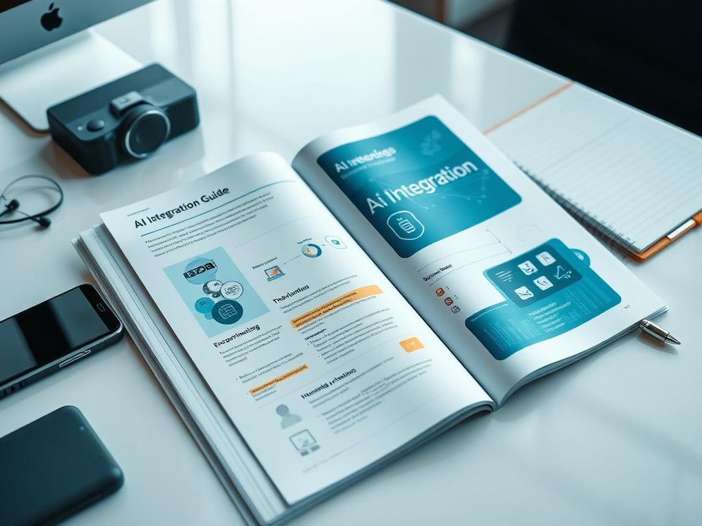 A high-resolution image of the AI Integration Guide open on a modern workspace table, surrounded by tech gadgets and a notepad. The guide should display engaging visuals and highlighted sections. The background should be minimalistic, focusing on the guide's content, shot with a 45mm f/1.2 lens.