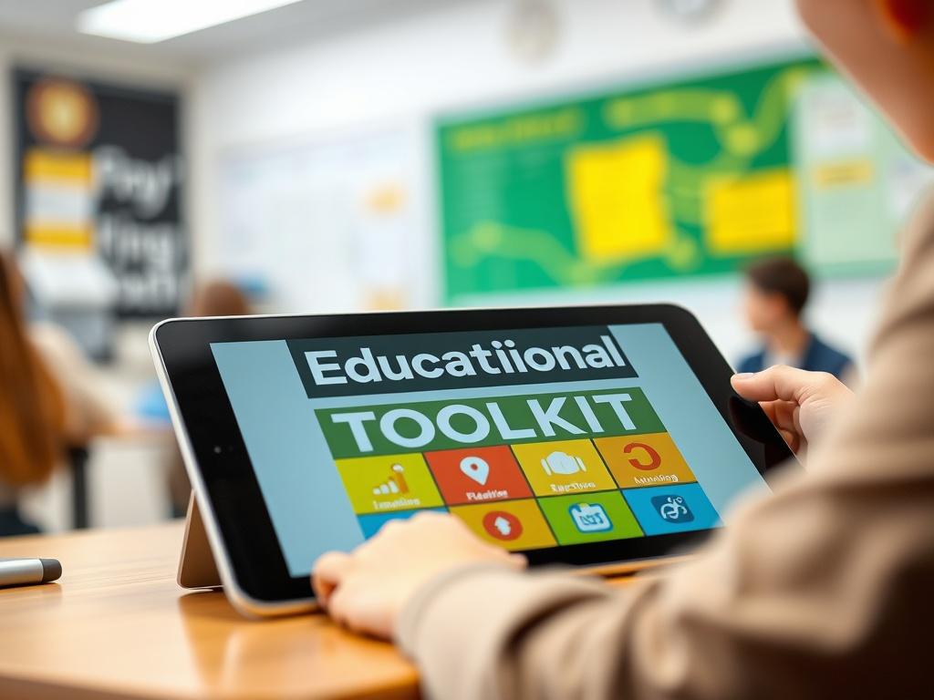 A detailed close-up of the Educational Technology Toolkit displayed on a tablet, with colorful graphics and icons representing different educational tools. The background should include a classroom setting, subtly blurred to emphasize the toolkit. Shot with a 45mm f/1.2 lens.