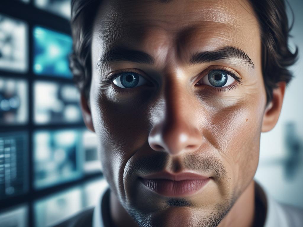 A highly detailed close-up of a data scientist’s focused face illuminated by multiple screens displaying AI algorithms and neural network visualizations, shot with a 45mm f/1.2 lens style. The background is a modern tech workspace softly out of focus. The image tones align with rgb(4, 104, 120), suggesting intelligence and technology.