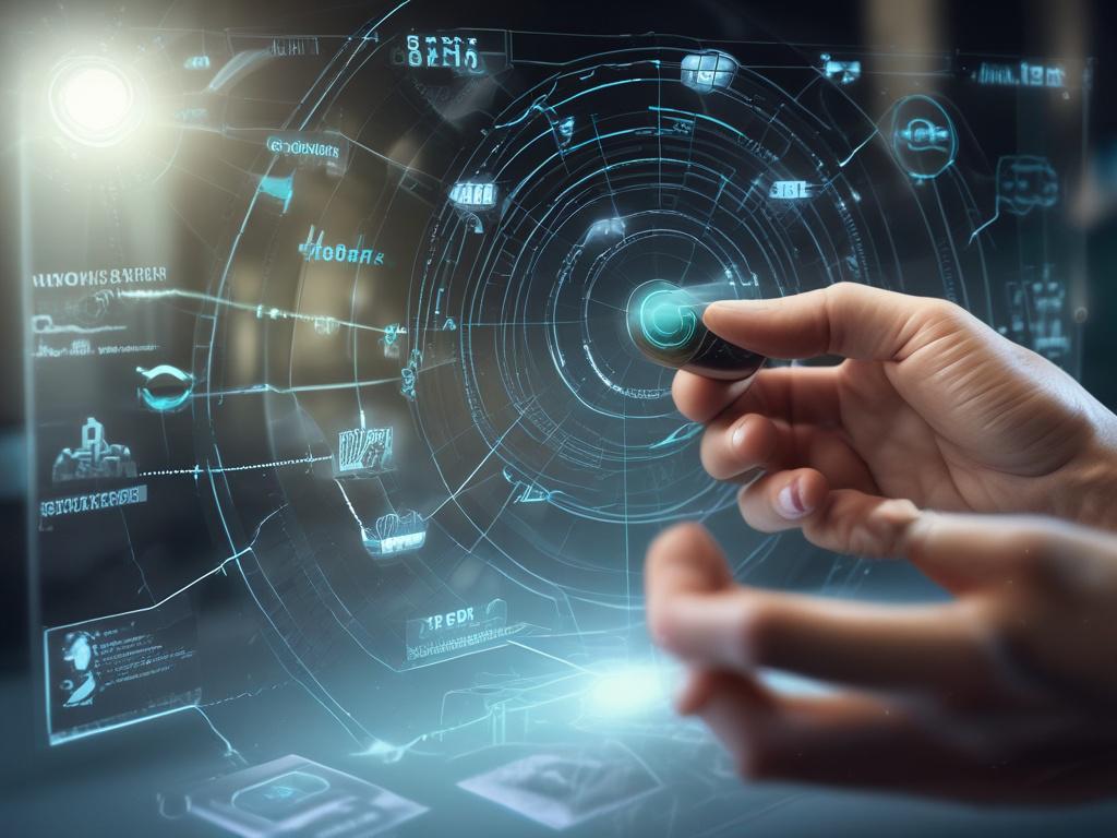 A close-up shot of a professional’s hands interacting with a transparent digital interface displaying futuristic icons and data streams, captured with a 45mm f/1.2 lens style. The background is a sleek modern office environment with soft focus. The color scheme harmonizes with rgb(4, 104, 120), emphasizing technology and innovation.