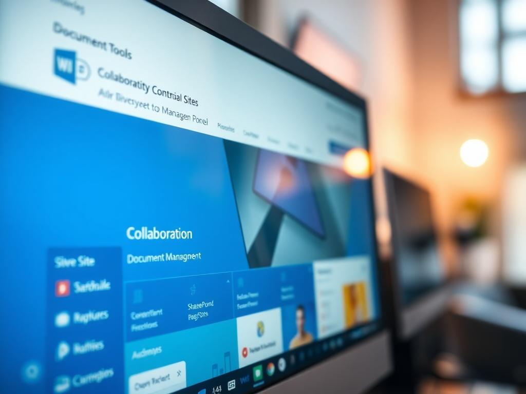 A close-up shot of a computer screen displaying a beautifully designed SharePoint internal site interface, showcasing collaboration tools and document management features. The background is softly blurred to emphasize the screen, while the primary color of rgb(4, 104, 120) is subtly incorporated in the design elements on the screen. The lighting is bright and inviting, creating a professional and modern atmosphere.