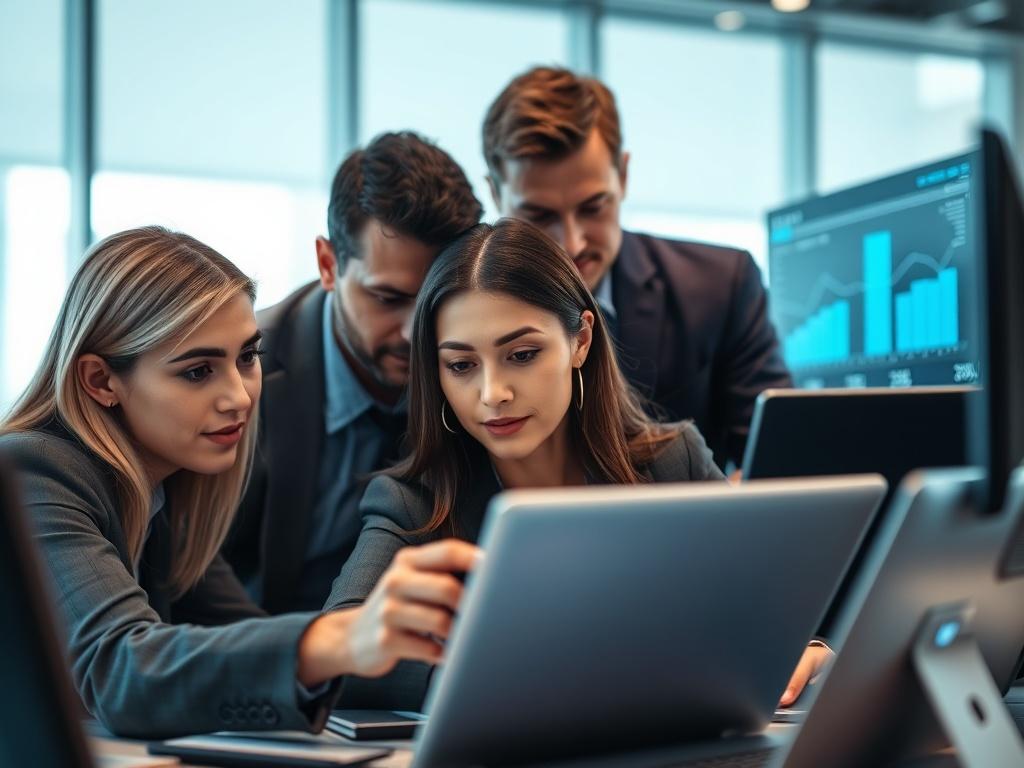 A close-up shot of a business team collaborating over digital devices, with charts and graphs displayed on screens. The setting is bright and modern, symbolizing innovation and teamwork. The focus is sharp on the team members' faces, showcasing their engagement and determination. The background is softly blurred, with a color palette that includes shades of blue and green, reflecting a tech-forward atmosphere.
