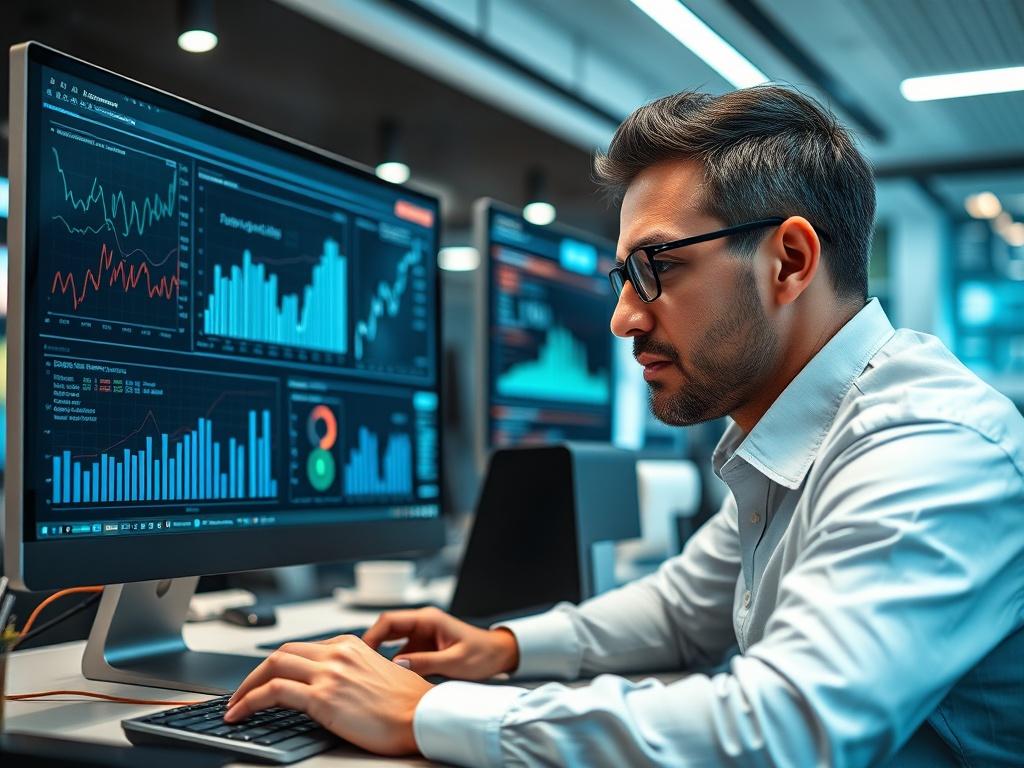 A close-up shot of a data analyst working on a computer, with AI-related graphs and data visualizations on the screen. The analyst is focused and thoughtful, symbolizing the analytical nature of AI consulting. The background features a modern office environment, with elements of technology and innovation, including digital displays and coding elements.