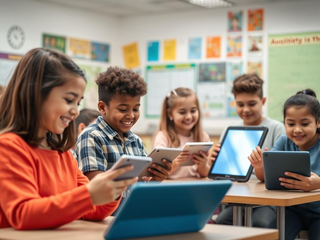 A close-up shot of a classroom setting where students are actively engaging with tablets and interactive whiteboards. The focus is on a diverse group of students, showing enthusiasm and collaboration. The background is a modern classroom filled with educational posters and technology, creating an inspiring learning environment. The lighting is bright and inviting, emphasizing the joy of learning.