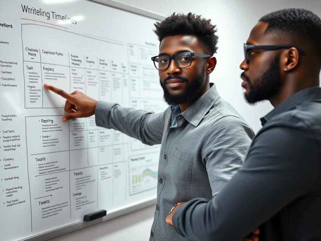 A close-up shot of a Blackman standing confidently while pointing at a whiteboard filled with a detailed timeline, diagrams, and task lists. The background is simple and uncluttered, focusing on the subject and the whiteboard content. The lighting is bright and professional, emphasizing the clarity of the diagrams and the determination of the individual.