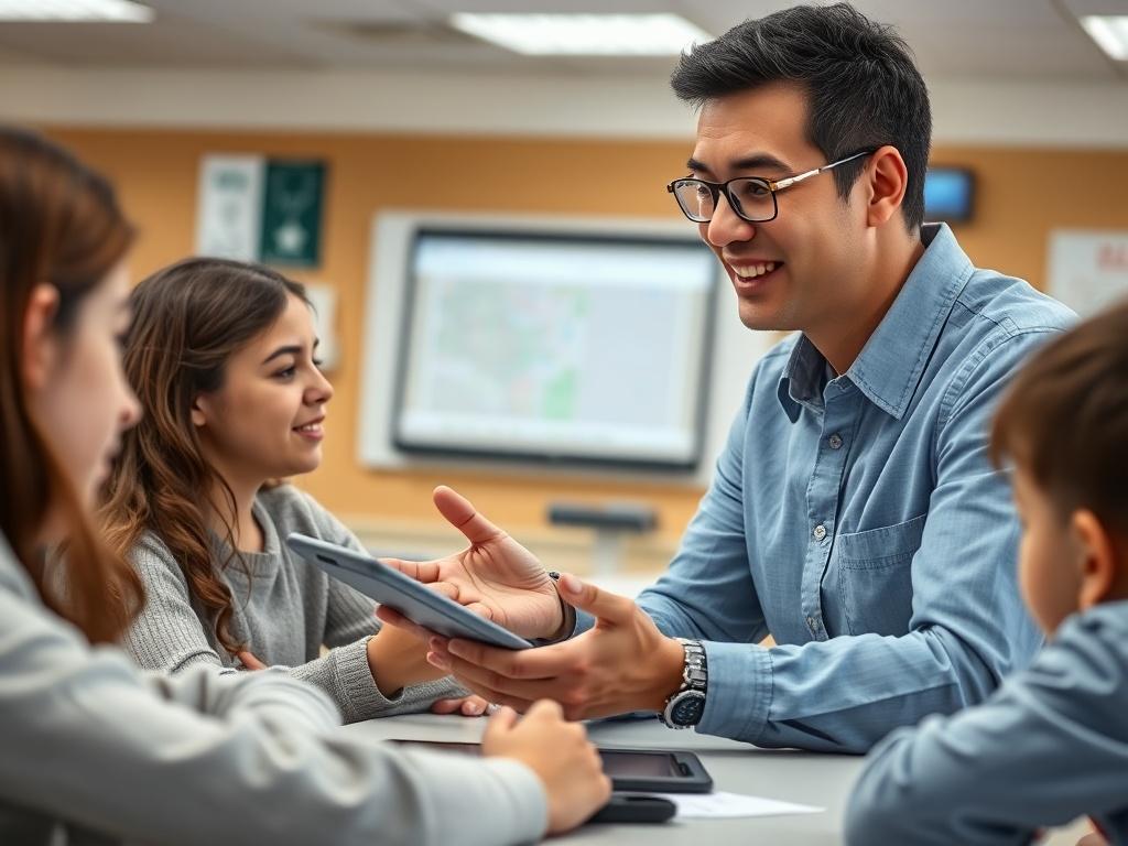 A high-resolution close-up shot of an educator demonstrating interactive educational technology to students in a classroom, with modern tech devices like tablets and smart boards visible, shot with a 45mm f/1.2 lens.