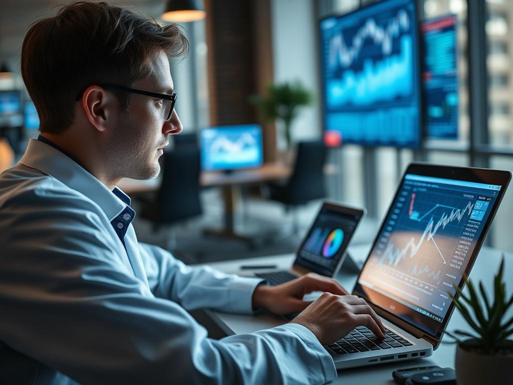 A high-resolution close-up shot of a data scientist working on a laptop with AI algorithms displayed on the screen, surrounded by data charts and graphs in a modern office environment, shot with a 45mm f/1.2 lens.
