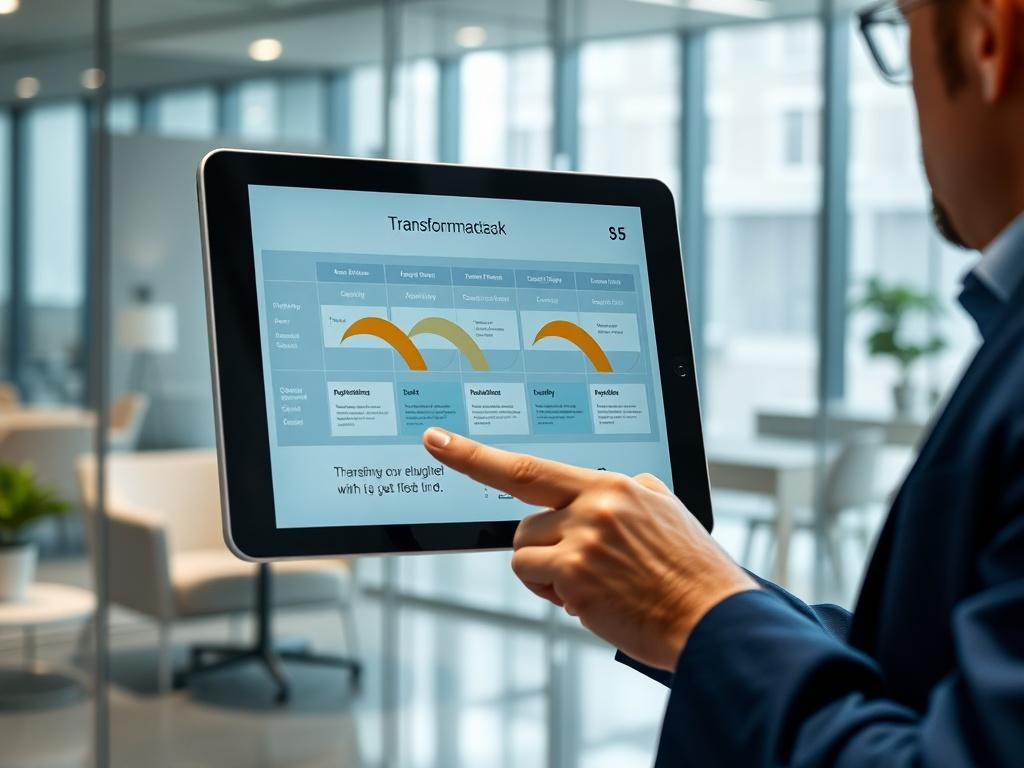 A high-resolution close-up shot of a professional consultant pointing at a digital tablet displaying a transformation roadmap, with a modern office background featuring glass walls and minimalistic furniture, shot with a 45mm f/1.2 lens.