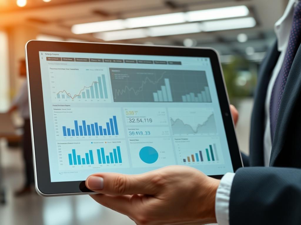 A hyper-realistic close-up shot of a business professional analyzing digital transformation data on a tablet, with a backdrop of a modern office environment. The focus is on the tablet screen showing graphs and analytics, with soft lighting enhancing the scene.