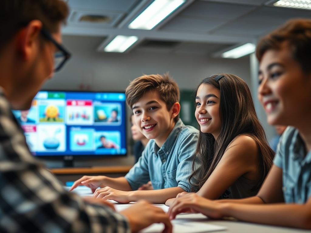 A hyper-realistic close-up shot of a classroom setting where a teacher engages students using digital tools, with interactive screens displaying educational content. The focus is on the enthusiastic expressions of students, showcasing a modern learning environment.