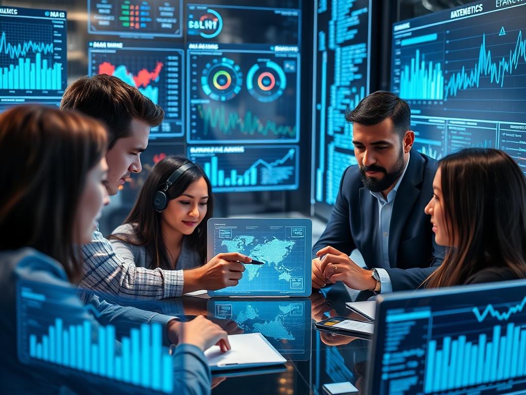 A hyper-realistic close-up shot of a business team collaborating on AI-driven projects, surrounded by digital interfaces and data analytics displays. The focus is on the team's engagement and the technology showcasing innovative AI applications.