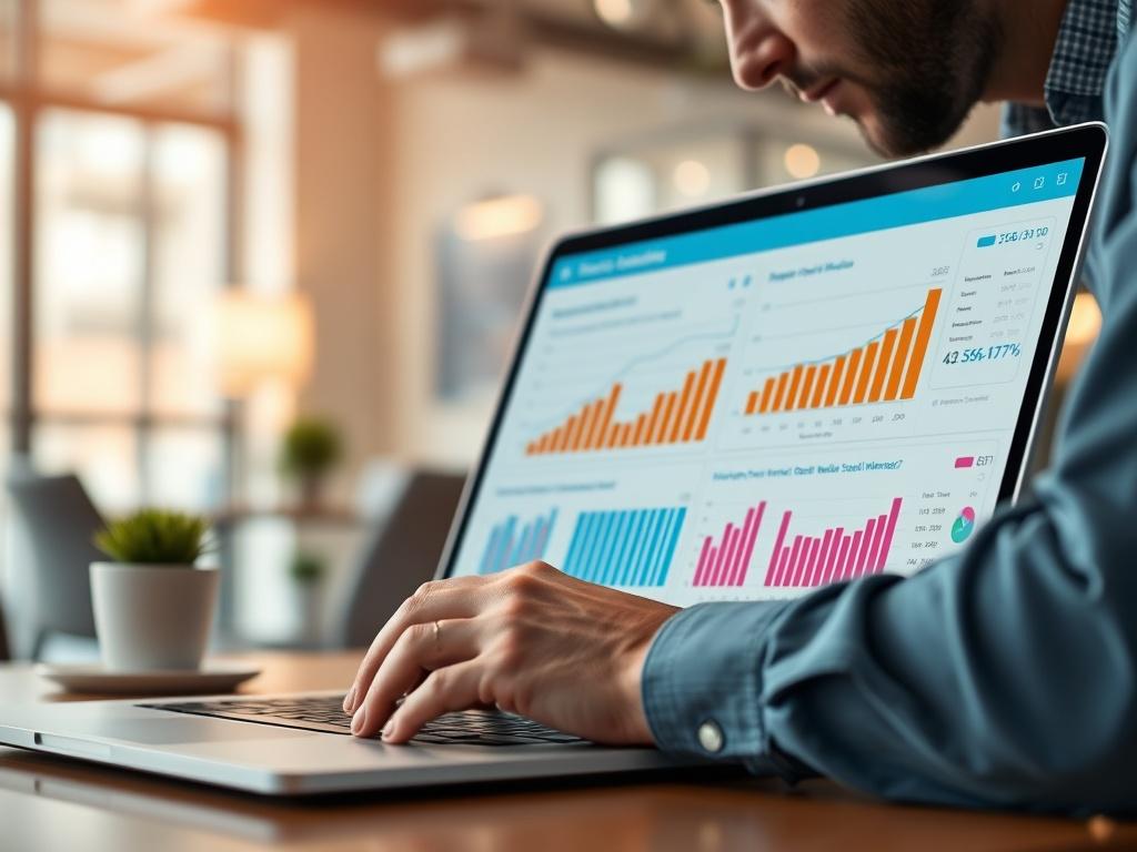 A close-up shot of a digital marketing expert analyzing social media metrics on a laptop. The background features a blurred office setting with soft lighting, creating a professional atmosphere. The subject is focused on the screen, showcasing graphs and analytics related to social media performance. The colors in the image should complement the primary color #062767.