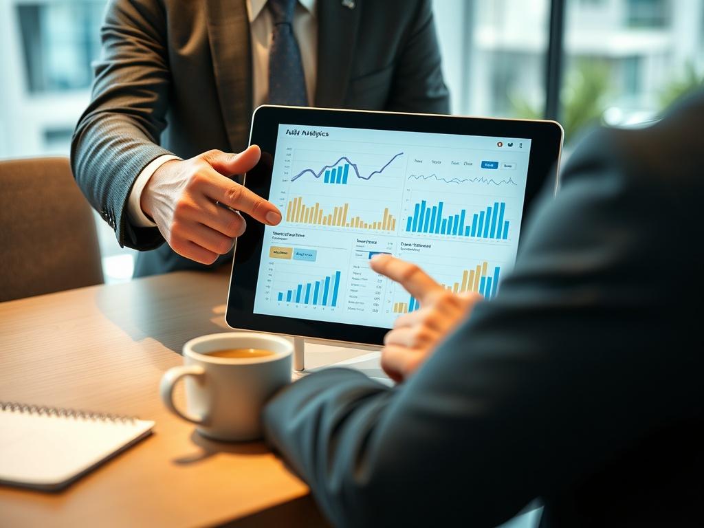 A digital tablet displaying data analytics graphs and charts in