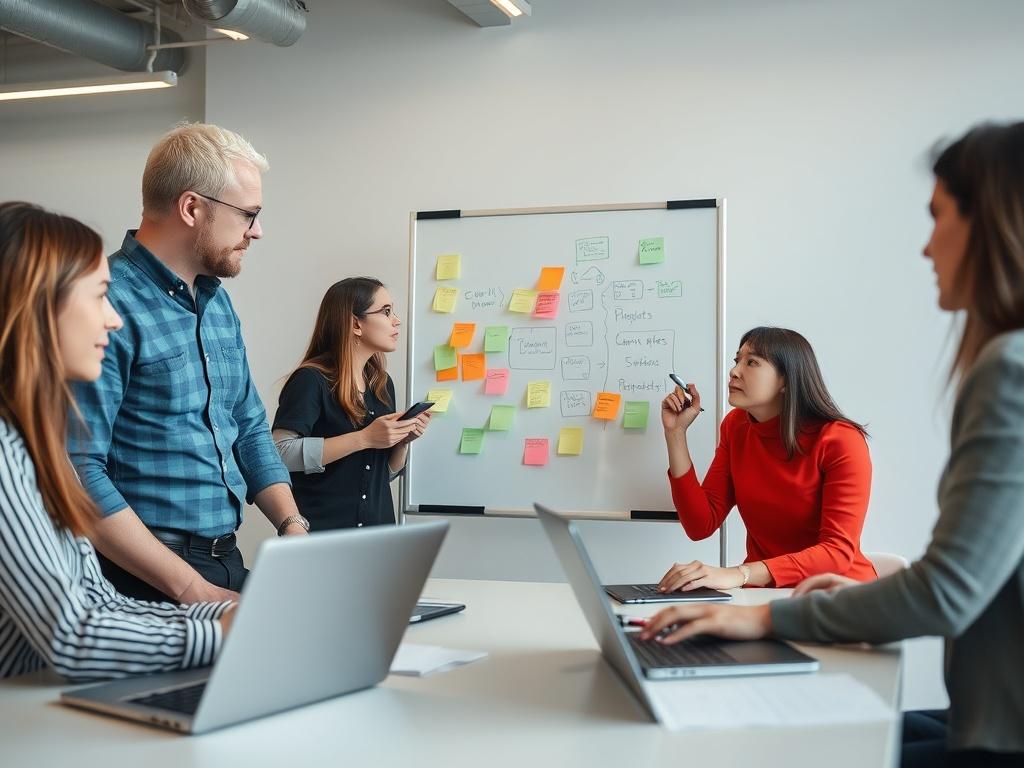 A group of professionals collaborating in a modern office space,