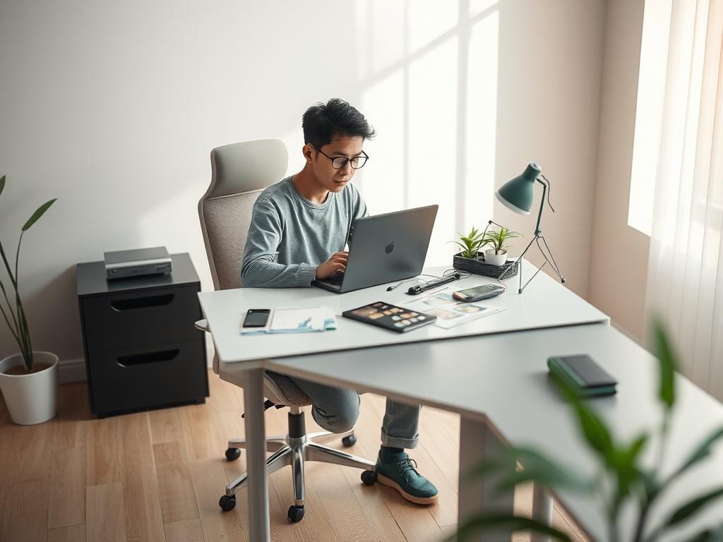 **AI Image Generation Prompt:**

Create a realistic high-resolution photo that embodies the theme of "Understanding Game Development." The composition should be simple and clear, featuring a single subject: a focused game developer seated at a sleek, minimalist desk. The developer, a young adult of Asian descent, is intently working on their laptop, surrounded by various game design tools, a digital tablet, and an assortment of colorful character sketches and storyboards scattered around the workspace.

The