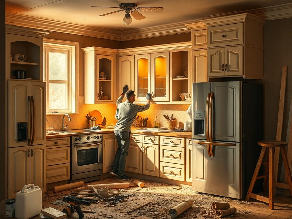An elegant kitchen being demolished, showing a professional in action carefully removing cabinets and appliances. The scene is warm and inviting, with soft lighting highlighting the process. The background features tools for demolition and safety equipment, emphasizing the professionalism of the work being done.
