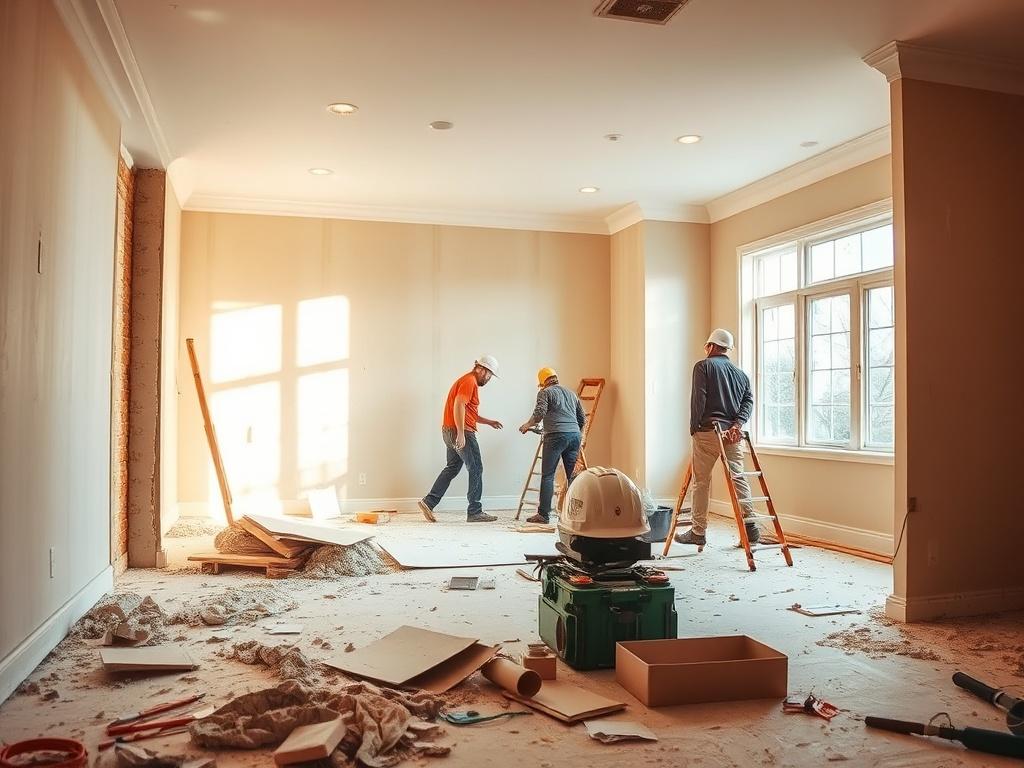 A high-resolution photo of an interior demolition project, featuring a team carefully removing drywall and flooring in a residential setting. The ambiance should be bright and clean, highlighting the process of transformation with tools and safety equipment in view.