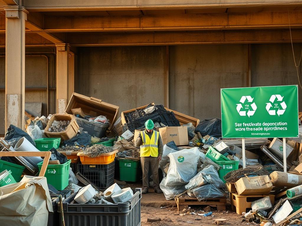 A high-resolution photo depicting a sustainable demolition site, highlighting workers sorting recyclable materials and using eco-friendly practices. The scene should convey a sense of responsibility towards the environment, with green elements and clear signage promoting sustainability.