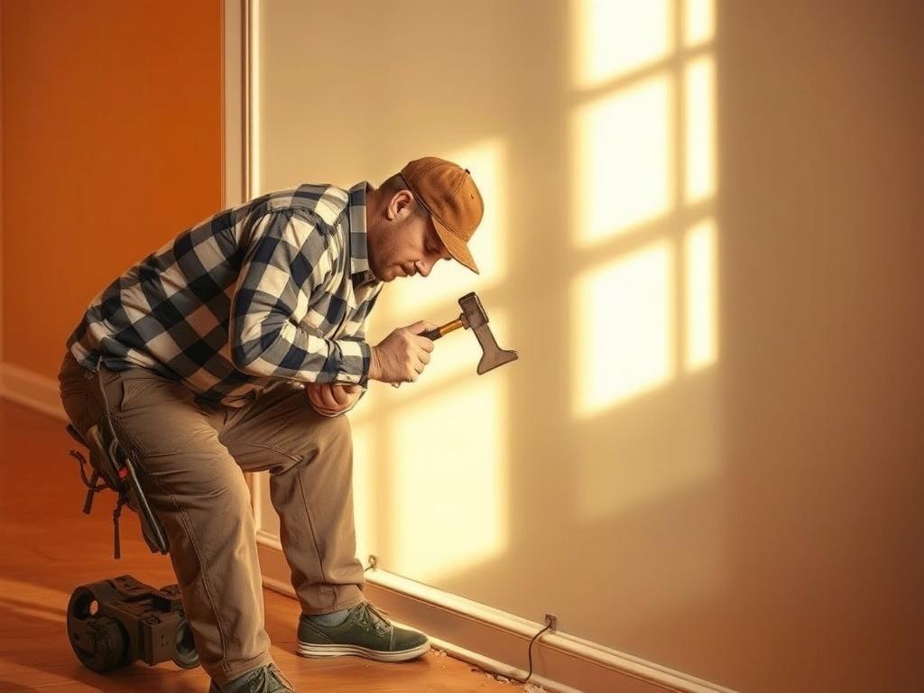 A skilled worker carefully removing old baseboards from a wall. The focus is on the worker using a pry bar, ensuring no damage to the wall or floor. The setting is warm and bright, with golden hues enhancing the cozy feel of the room. The background shows a clean area ready for new baseboards.