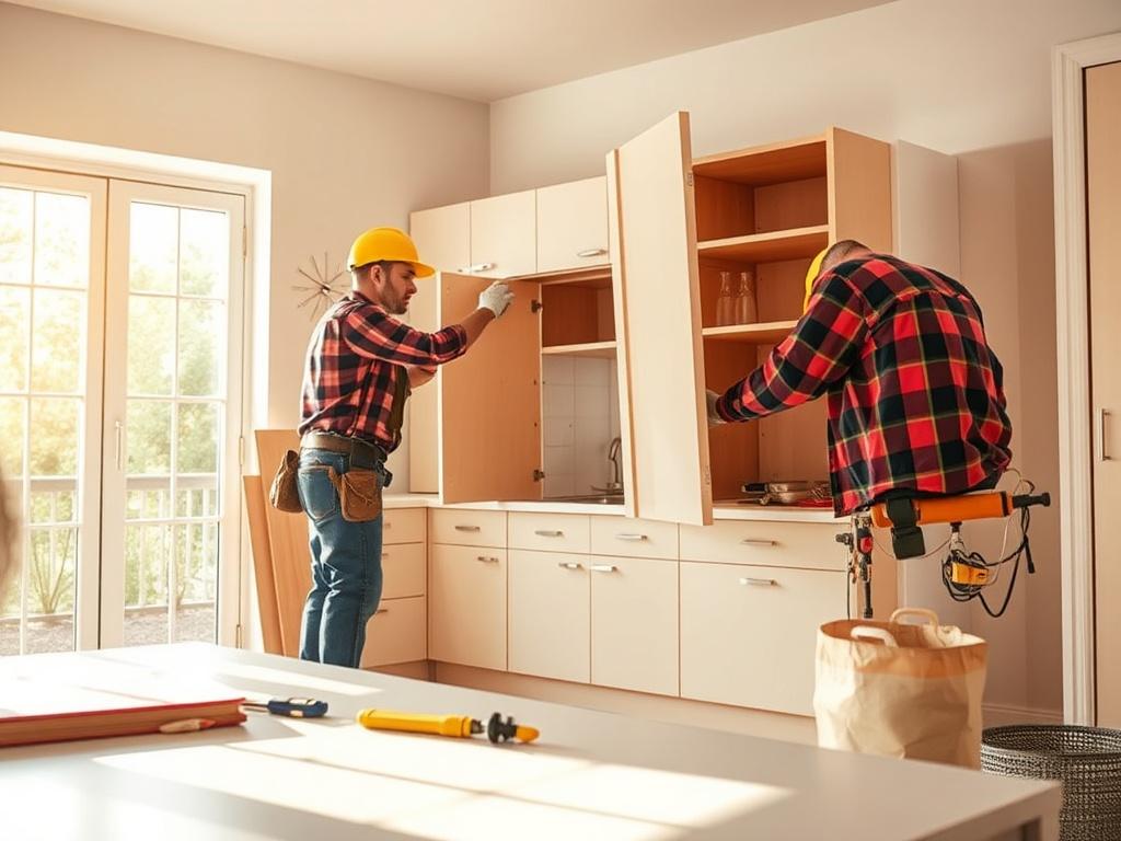 A contractor carefully removing an old kitchen cabinet in a bright, well-lit room, with tools and safety gear visible. The scene conveys professionalism and attention to detail, showcasing a clean and organized workspace.