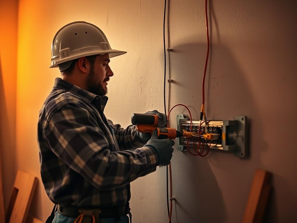 A construction worker carefully cutting a groove in a wall to install electrical wiring, surrounded by construction tools and warm lighting, creating a focused and professional atmosphere.