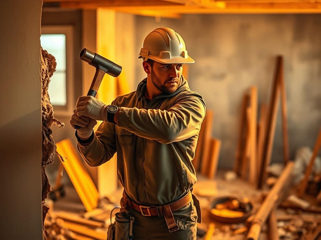 A construction worker in a safety helmet and gear, skillfully using a sledgehammer to break down a wall in a home renovation site. The background shows debris and tools, with warm golden lighting creating a cozy atmosphere.