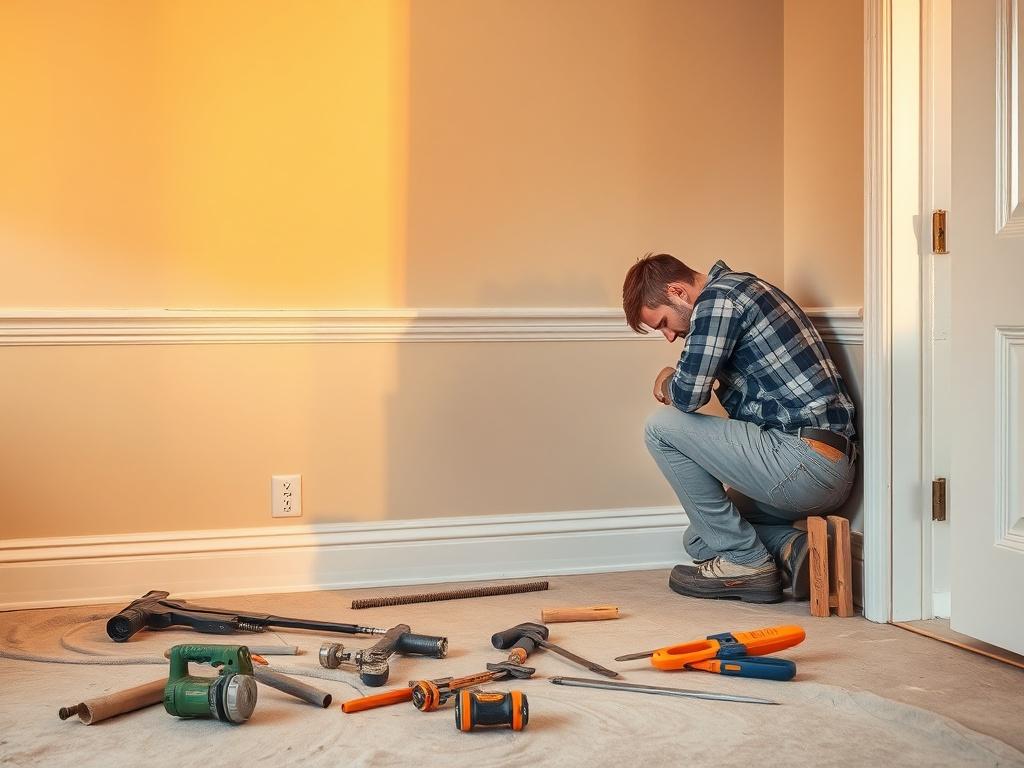 A construction worker removing baseboards from a wall in a home renovation, with tools spread out and warm golden lighting, emphasizing a calm and organized workspace.