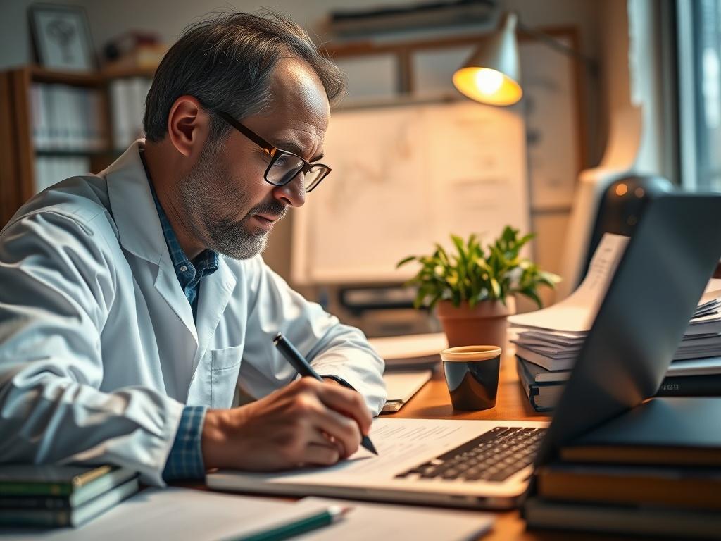 A close-up shot of a researcher focused on writing an academic paper, surrounded by books and a laptop. The background shows a well-organized workspace with papers, a coffee cup, and a plant for a touch of nature. The lighting is warm and inviting, emphasizing the dedication and concentration of the researcher. The image should convey an atmosphere of academic pursuit and professionalism, shot with a 45mm f/1.2 lens style.